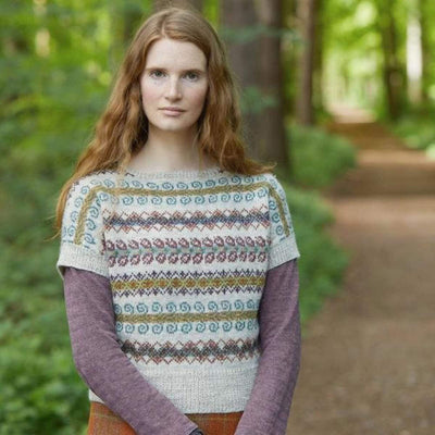 Model wearing Holly sweater from Wildwood by Marie Wallin.