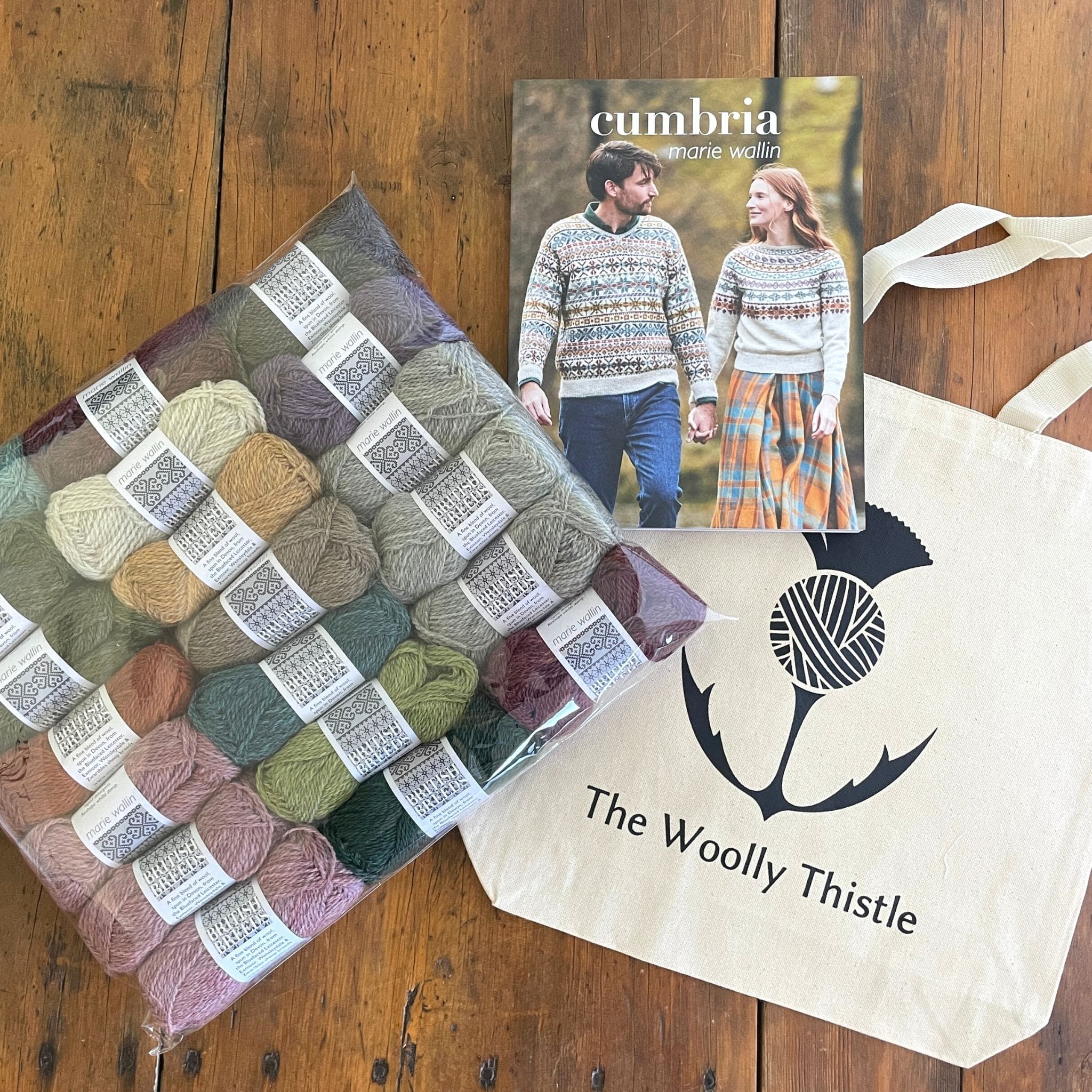 Components (yarn, book, and tote) for Keris Kit from Marie Wallin book Cumbria