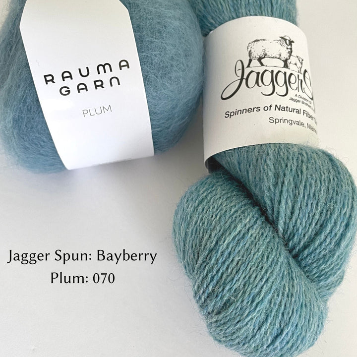 Medium Light Blue JaggerSpun Yarn paired with light blue Rauma Plum Mohair for Love Note Sweater color option.  