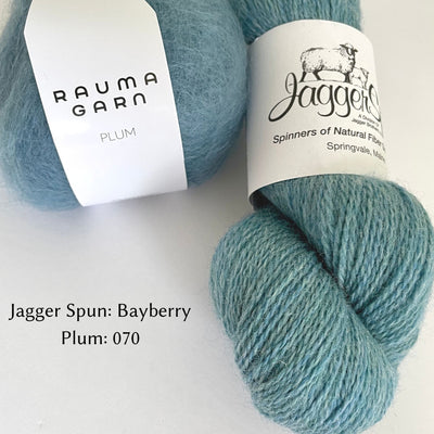 Medium Light Blue JaggerSpun Yarn paired with light blue Rauma Plum Mohair for Love Note Sweater color option.  