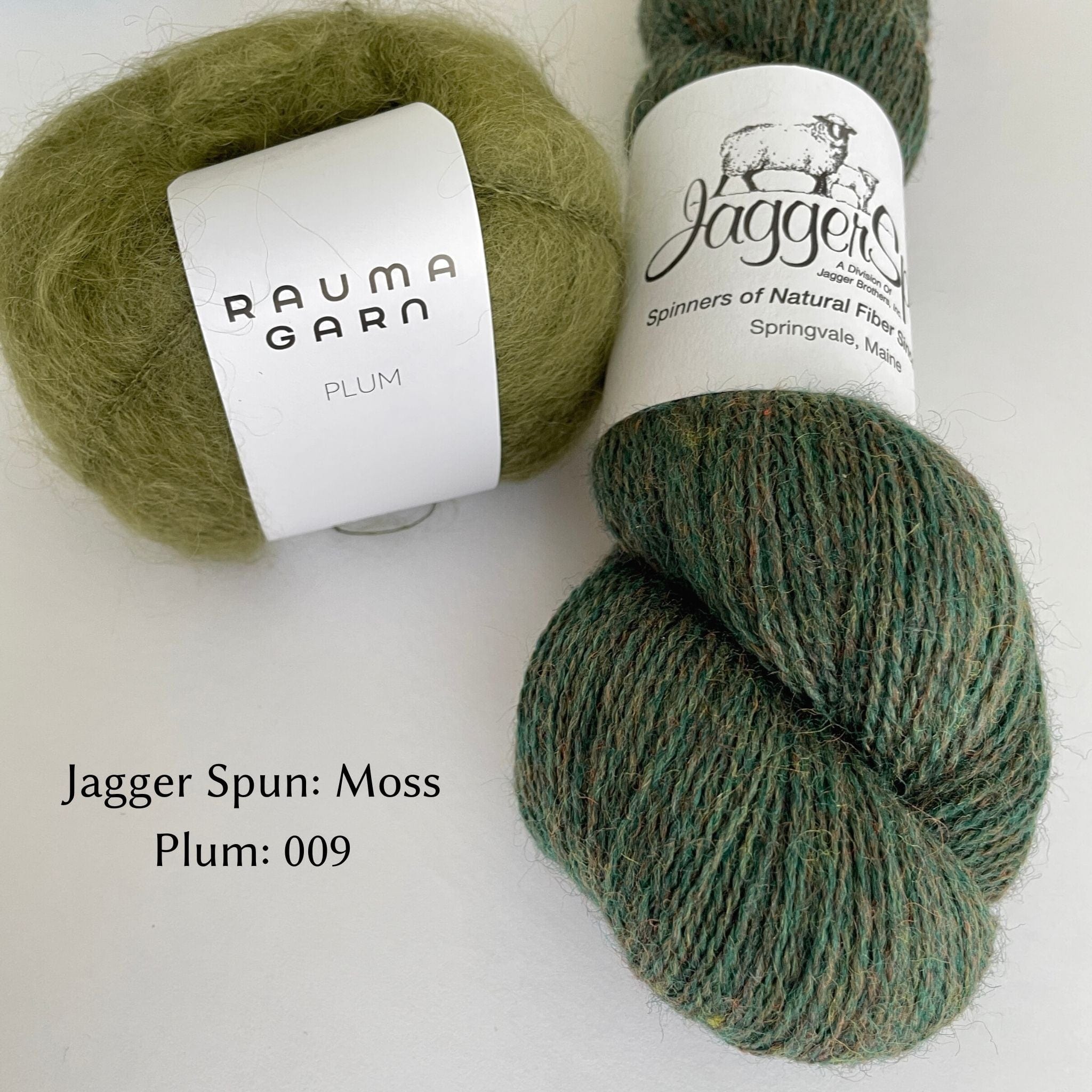 Moss Green JaggerSpun Yarn paired with light green Rauma Plum Mohair for Love Note Sweater color option.  