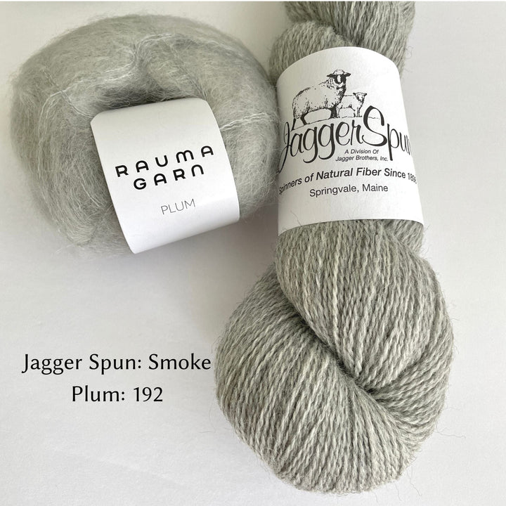 Medium Light grey JaggerSpun Yarn paired with light grey Rauma Plum Mohair for Love Note Sweater color option.  