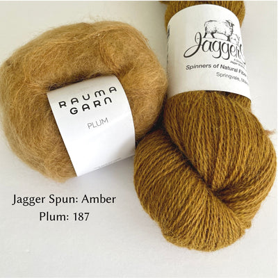 Mustard Gold JaggerSpun Yarn paired with light gold Rauma Plum Mohair for Love Note Sweater color option.  