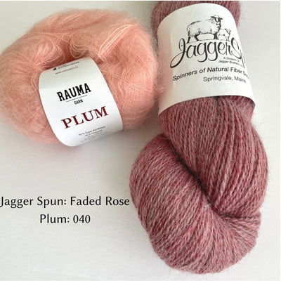 Rose Pink JaggerSpun Yarn paired with light pink Rauma Plum Mohair for Love Note Sweater color option.  