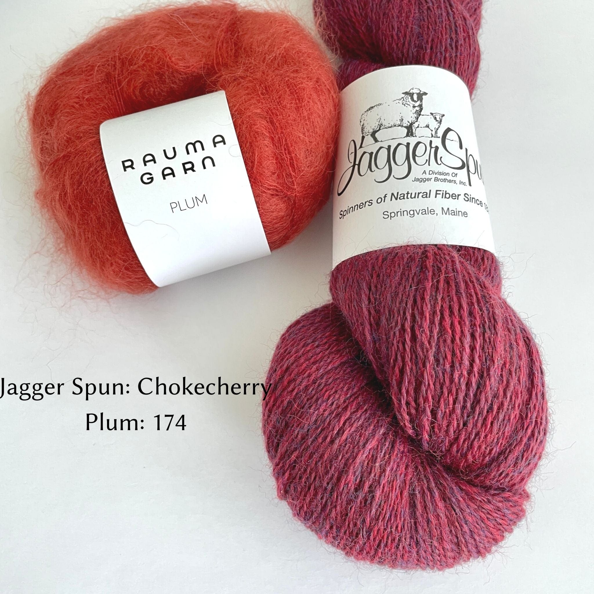 Deep Pink JaggerSpun Yarn paired with red/orange Rauma Plum Mohair for Love Note Sweater color option.  