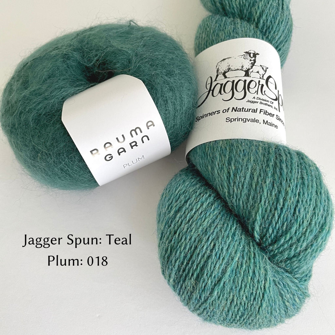 Muted Turquoise JaggerSpun Yarn paired with  tuquoise Rauma Plum Mohair for Love Note Sweater color option.  