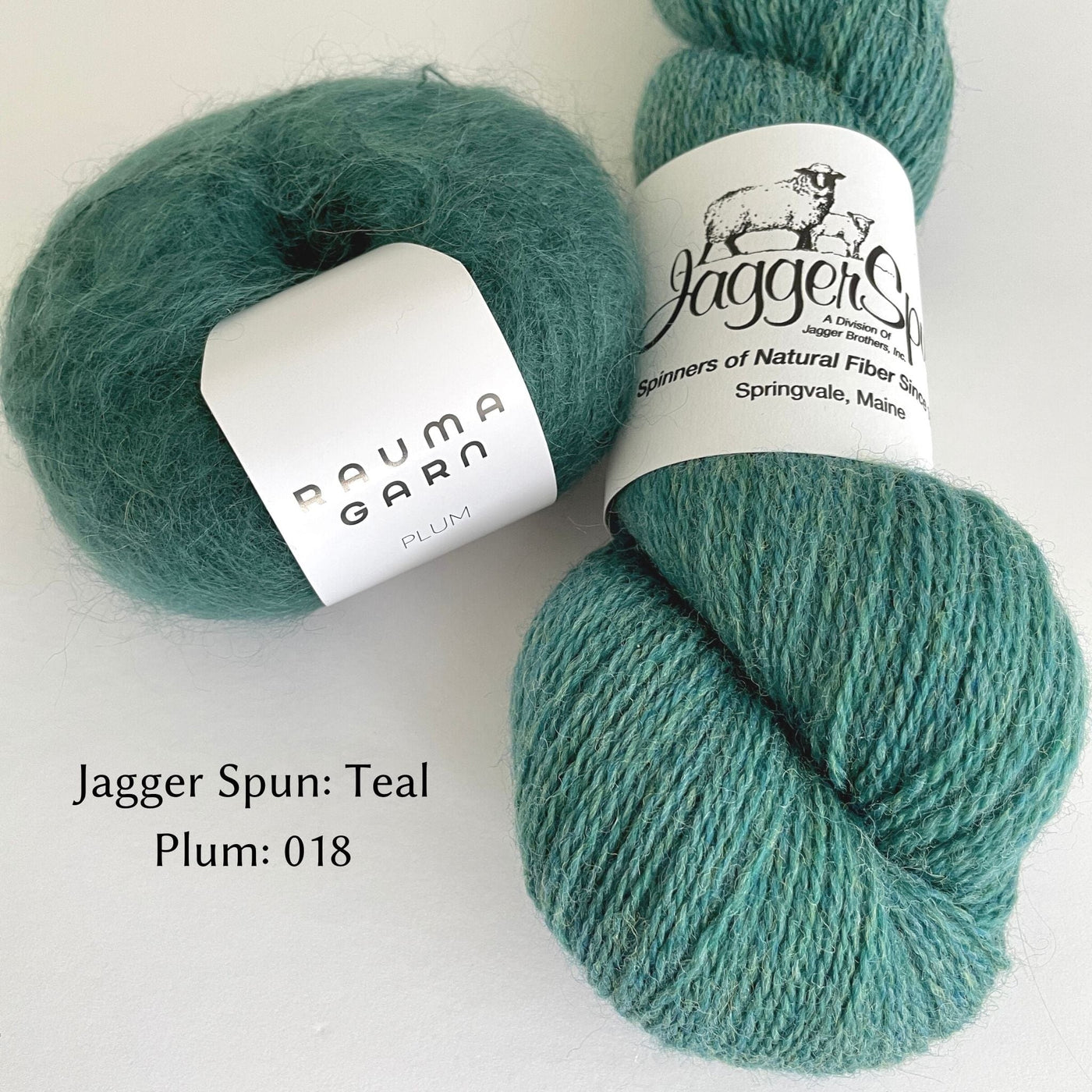 Muted Turquoise JaggerSpun Yarn paired with  tuquoise Rauma Plum Mohair for Love Note Sweater color option.  