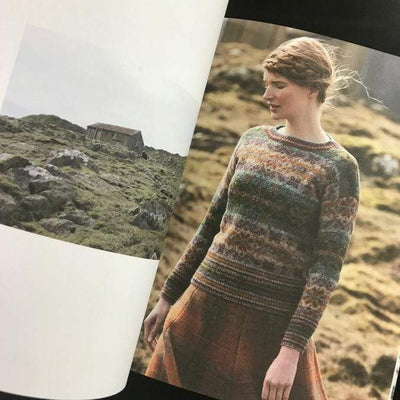 Sneak peak inside Shetland by Marie Wallin featuring model wearing a knit sweater in shades of brown and green.