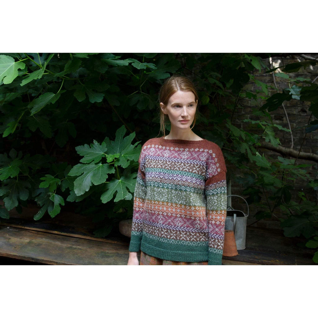 The Woolly Thistle Sinead Yarn Set in Marie Wallin's British Breeds from CHERISH featuring woman wearing Sinead sweater