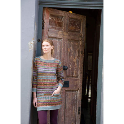 The Woolly Thistle Ciara Yarn Set in Marie Wallin's British Breeds from CHERISH featuring woman wearing Ciara sweater dress