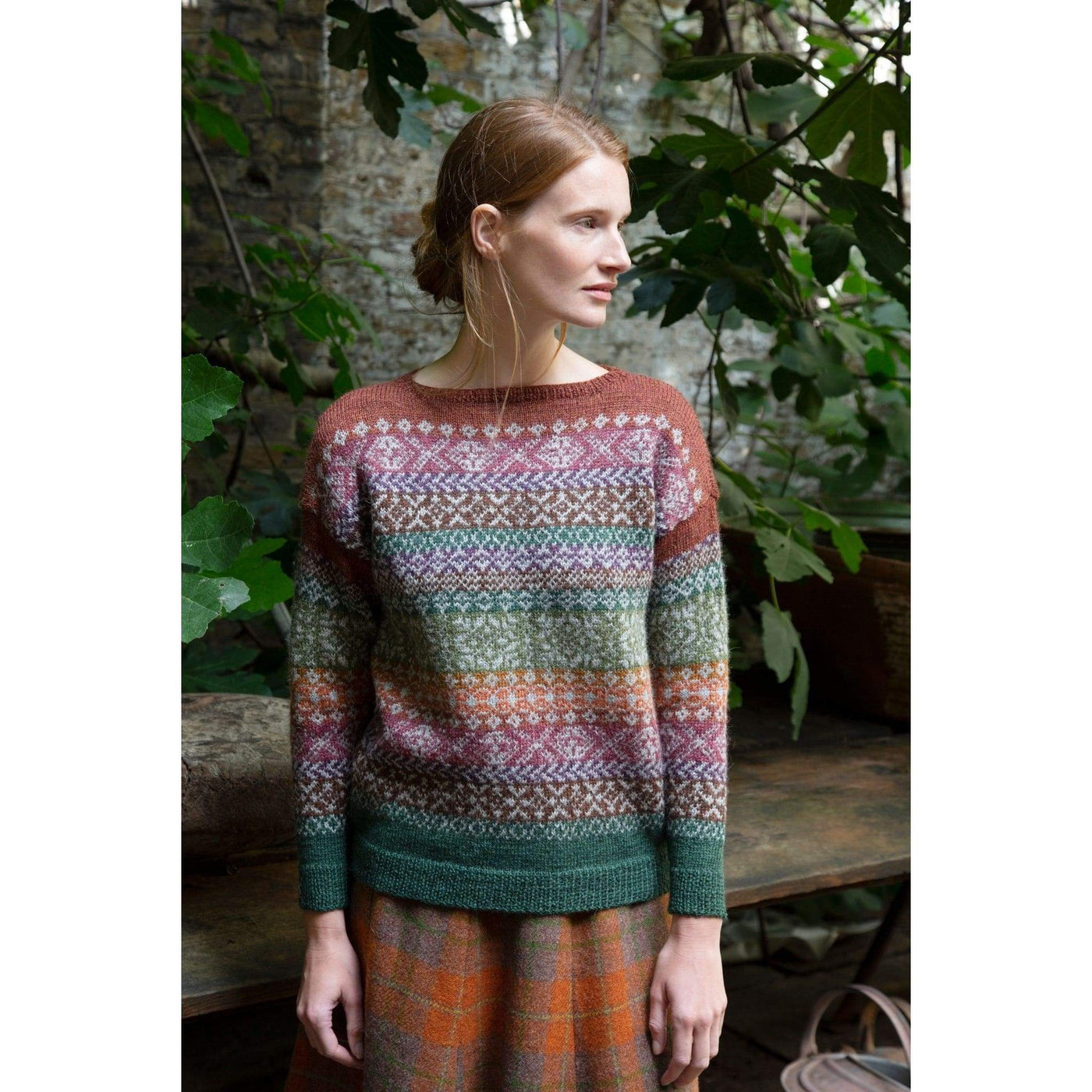 The Woolly Thistle Sinead Yarn Set in Marie Wallin's British Breeds from CHERISH featuring woman wearing Sinead sweater