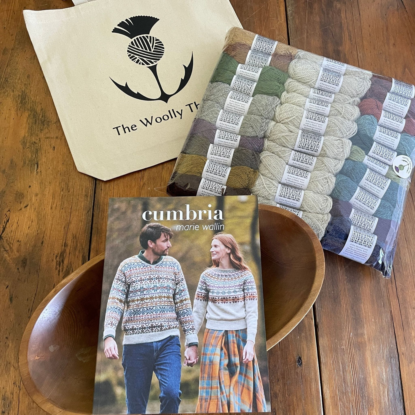 Marie Wallin's Book Cumbria with Rydal sweater components of kit including all yarn needed to knit sweater along with a Woolly Thistle Tote.