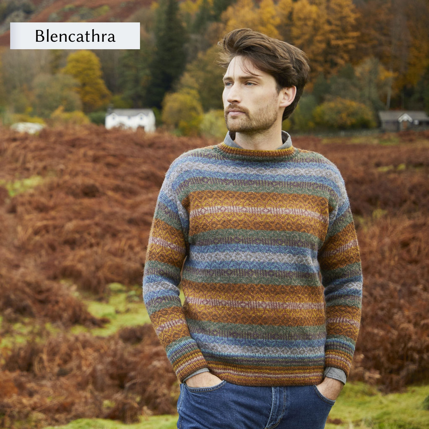 Male model wearing allover colorwork sweater design, Blencathra, from Westmorland book by Marie Wallin.