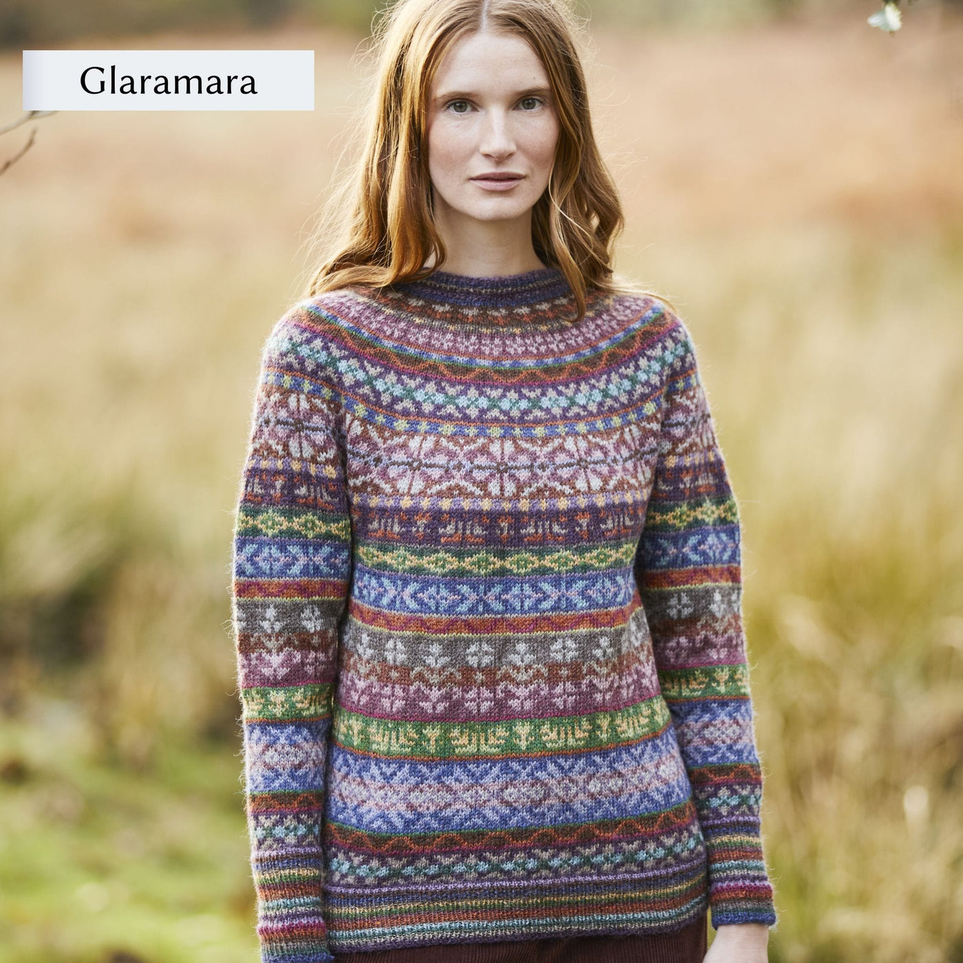 Female model wearing allover colorwork sweater design, Glaramara, from Westmorland book by Marie Wallin.