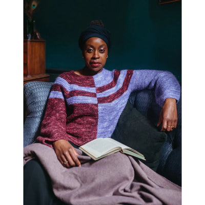 Woman wearing Haumea Sweater - pattern found in Moorit Magazine Issue 3 - Cosmic.
