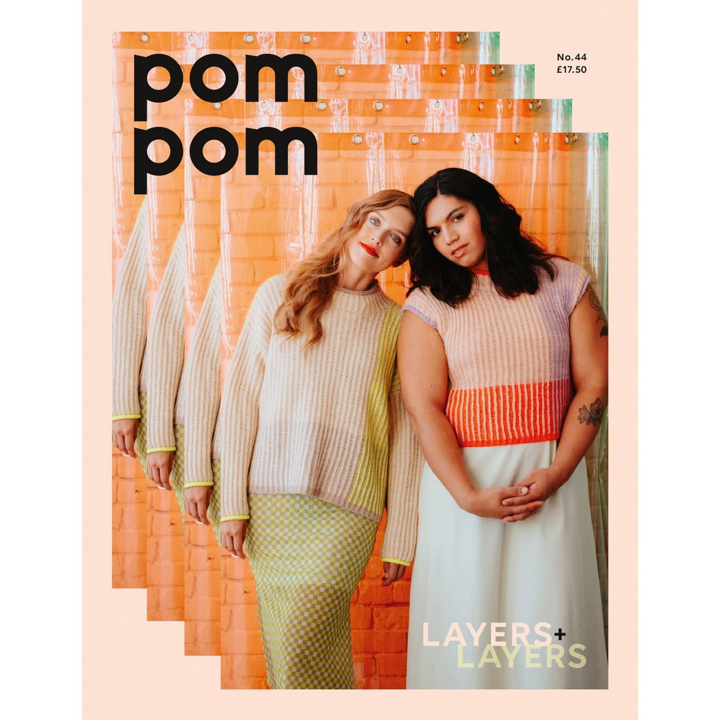 The cover of Pom Pom Issue 44 featuring to women wearing colorful knitwear sweaters stand together leaning on each other.