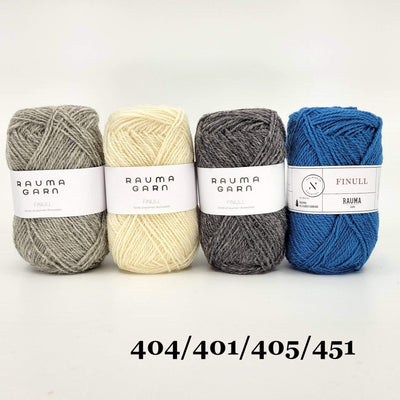 The Woolly Thistle Rauma Finullgarn in colors 401, 404, 405 & 451 for the Vardejakke cardigan