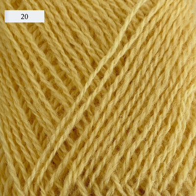 Rauma Lamullgarn, a fingering weight yarn, in color 20, a bright butter yellow