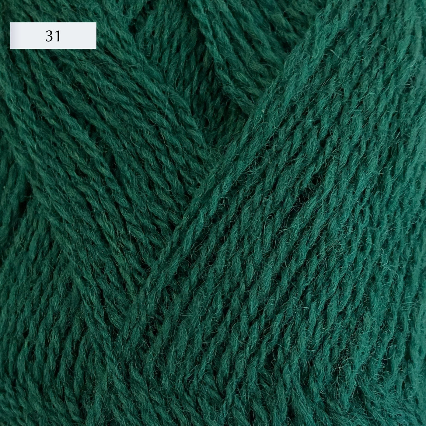 Rauma Lamullgarn, a fingering weight yarn, in color 31, a medium green with blue tones