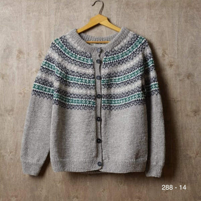 A colorwork yoke sweater knit in Rauma Strikkegarn. Pattern 288-14