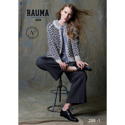 Rauma Book 288 Stikkegarn Family knits cover featuring pattern 288-1. A woman sitting on a stool wearing an overall colorwork cardigan knit in Rauma Strikkegarn.