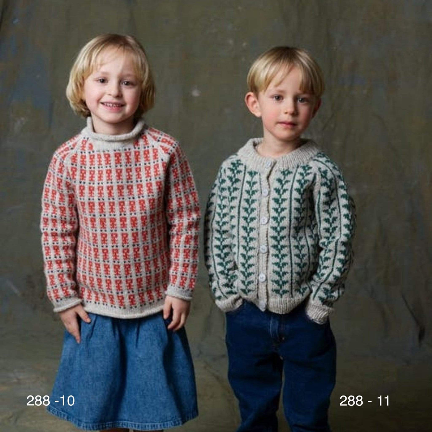 Two children wearing overall colorwork patterns sweaters. Patterns 288-10 and 288-11 are shown.