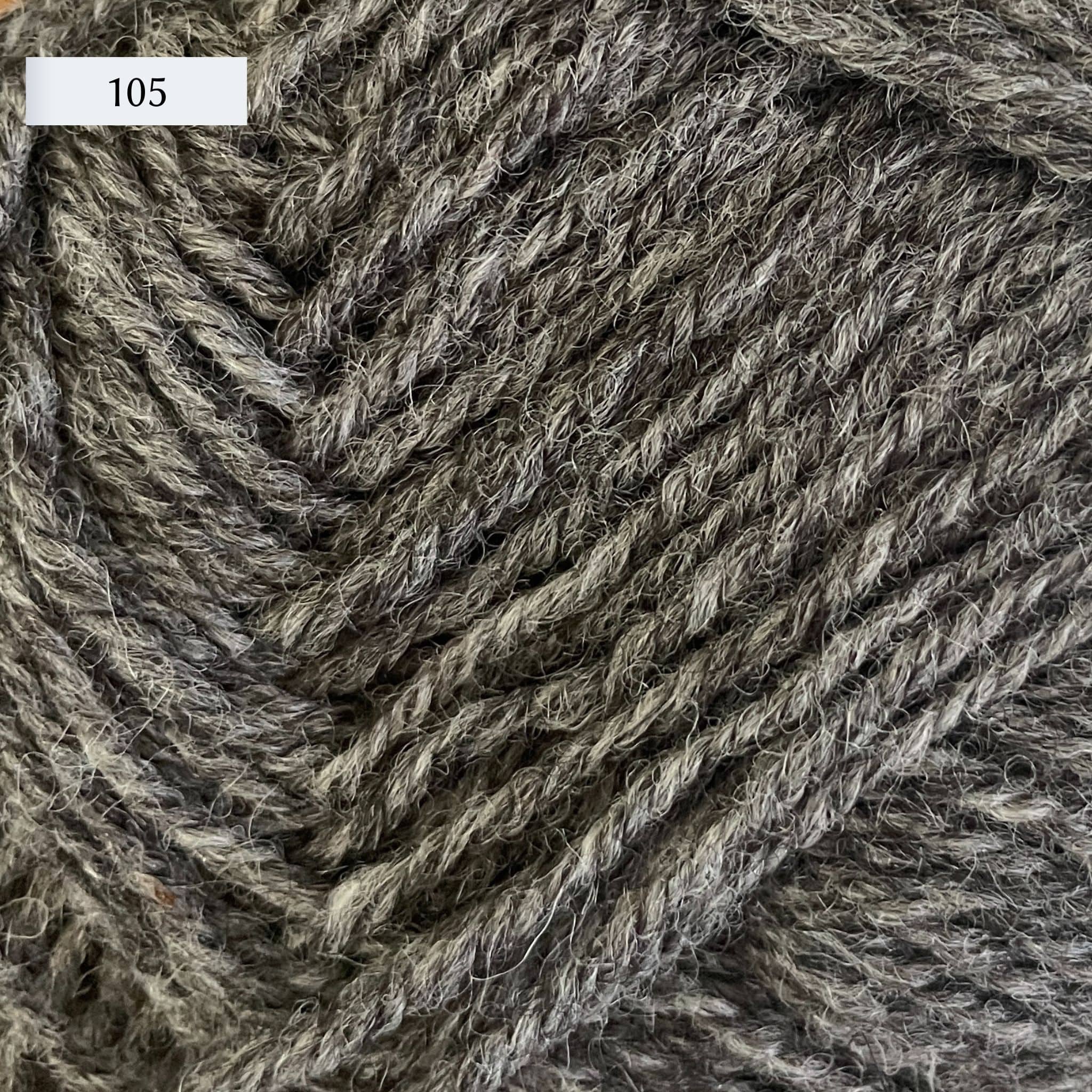 Rauma Strikkegarn, DK weight yarn, in color 105, heathered mid-tone grey