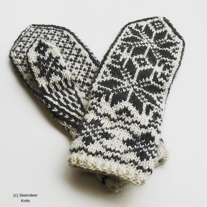 Black and white Skeindeer mittens from the book Selbu Mittens by Anne Bårdsgård.