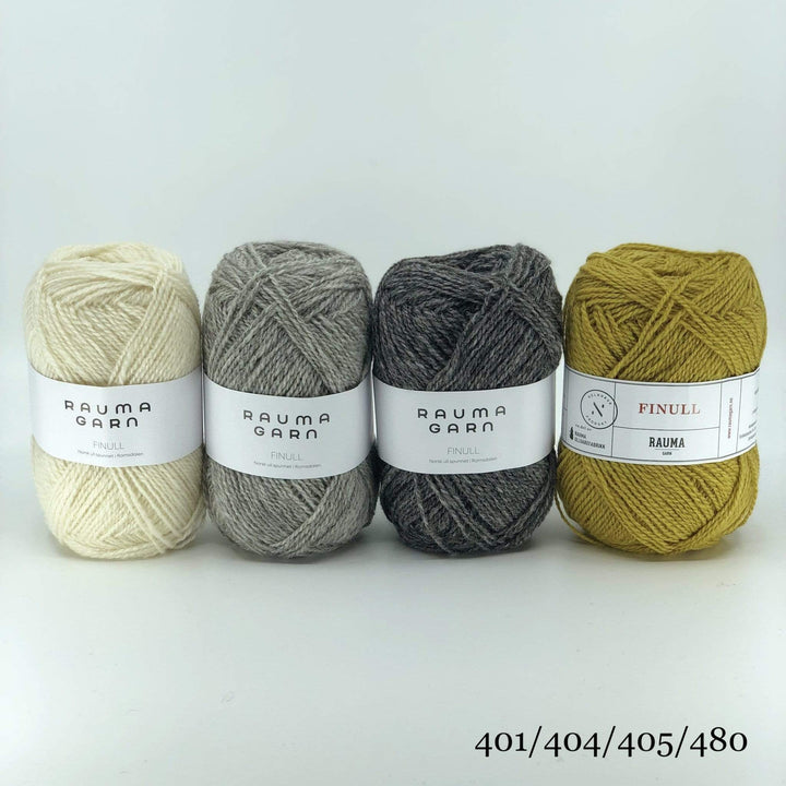 The Woolly Thistle Varde Yoke Sweater 275R in Rauma Finullgarn- 4 balls of Rauma Garn yarn in cream, grey, dark grey, and yellow