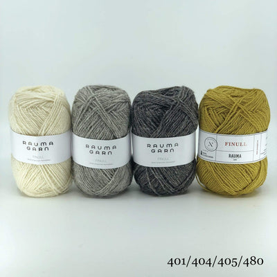 The Woolly Thistle Varde Yoke Sweater 275R in Rauma Finullgarn- 4 balls of Rauma Garn yarn in cream, grey, dark grey, and yellow
