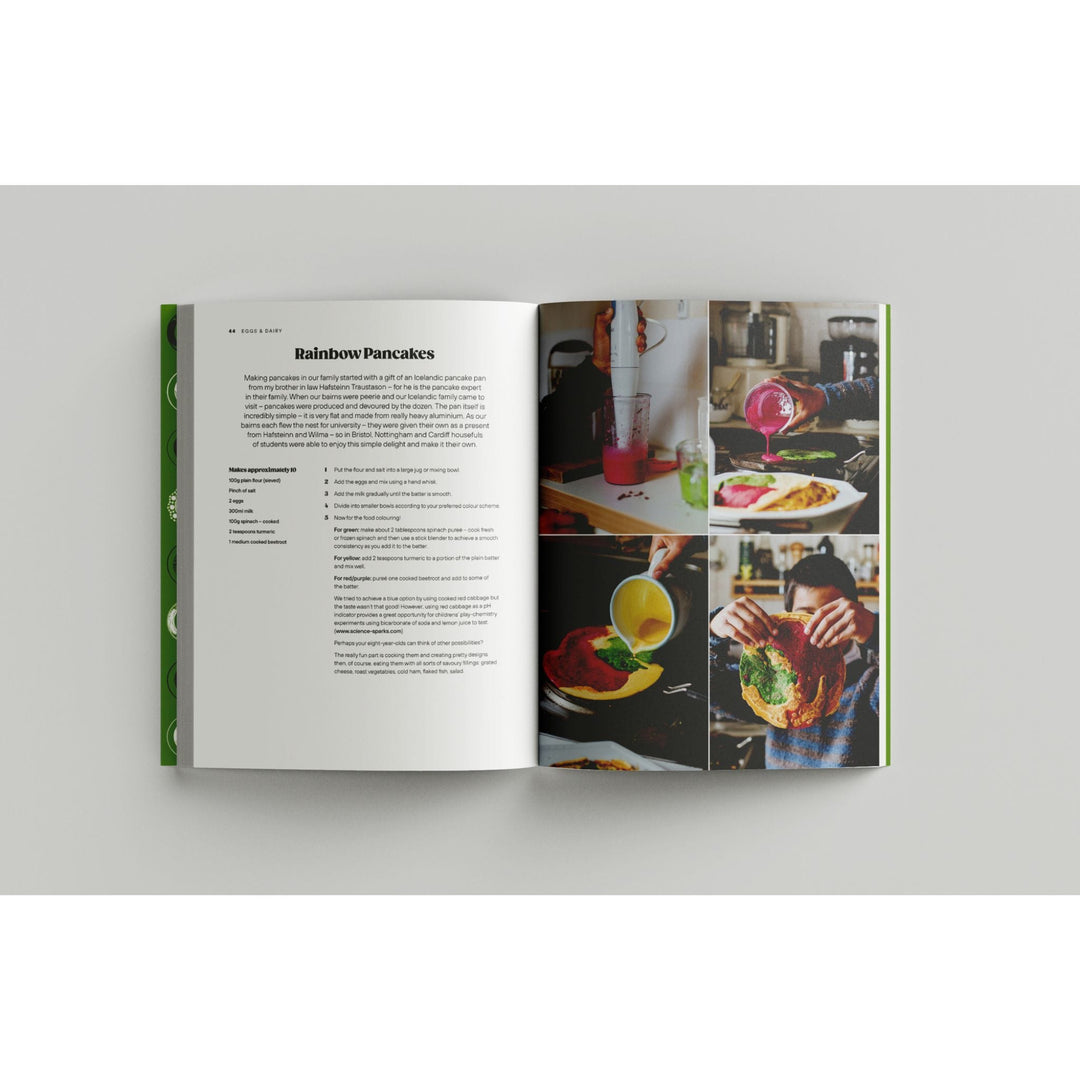 Pages of book Food Made in Shetland by Marian Armitage; pages show Rainbow Pancake recipe and photos of baking process