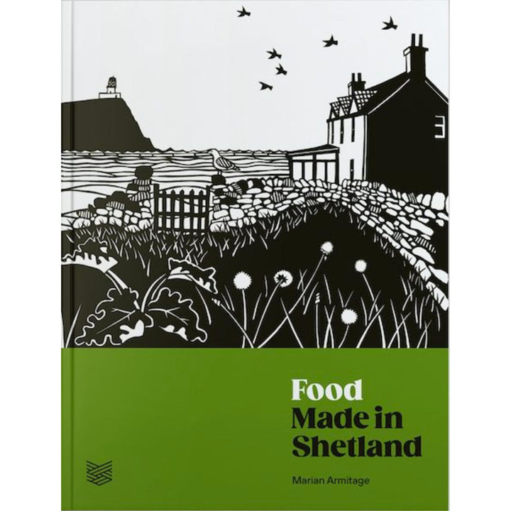 Cover of book Food Made in Shetland by Marian Armitage; black and white ocean scene