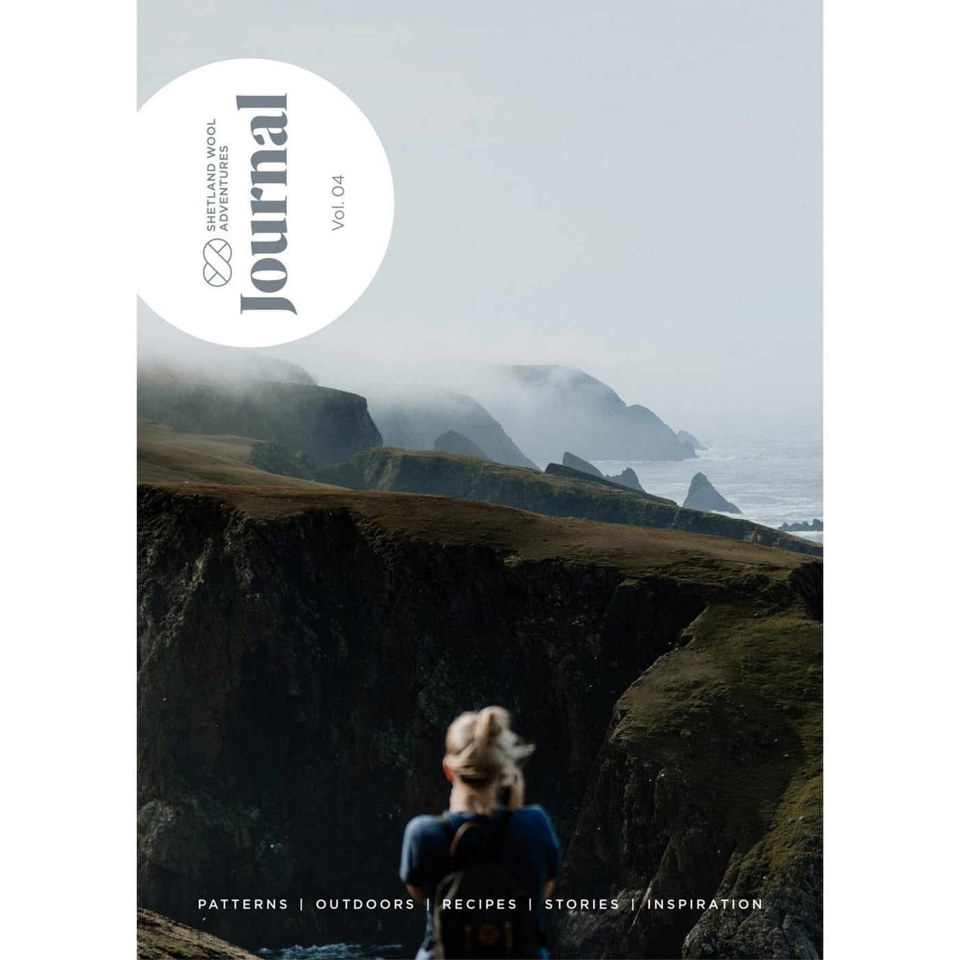 Cover of Shetland Wool Adventure Journal 4 showing back of woman facing mountainous landscape.