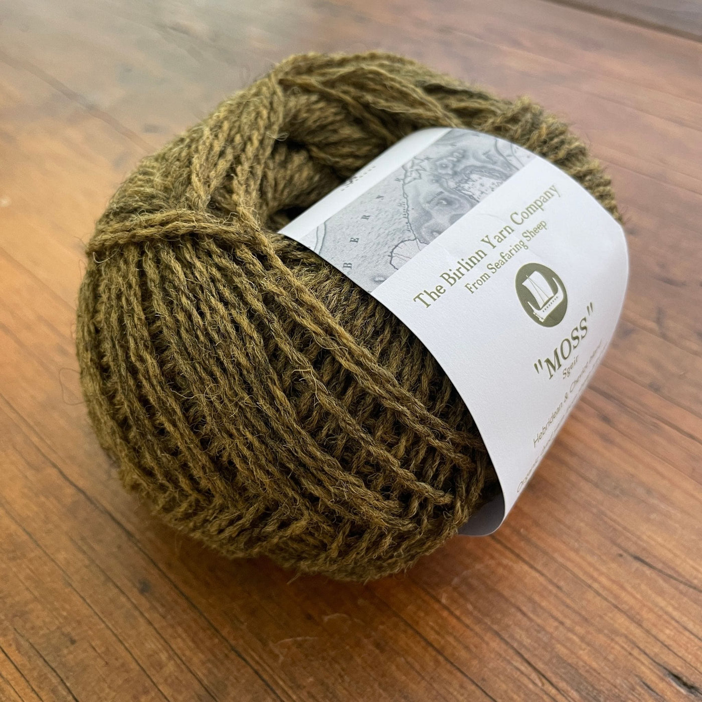 Birlinn Yarn Company Hebridean 4ply yarn shown in Moss (yellow/green))