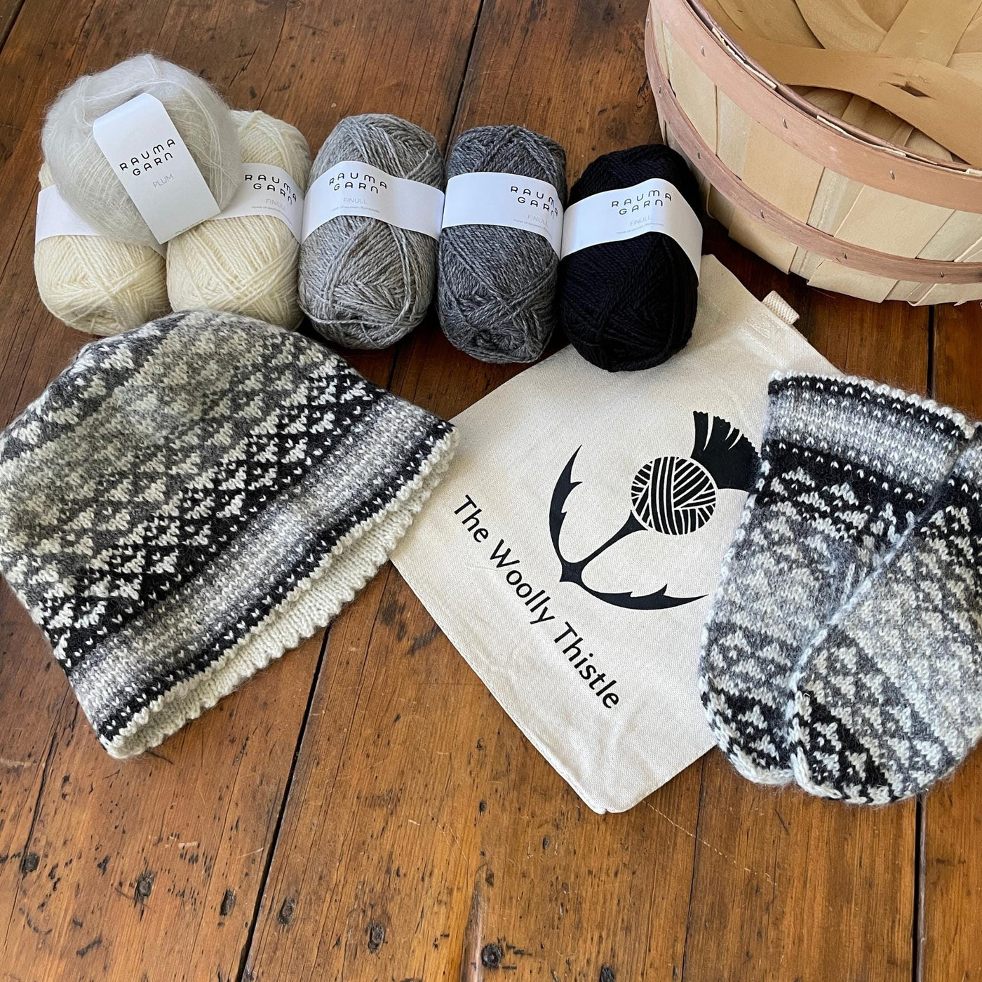 Downeaster Hat & Mitten Yarn Set by Mary O'Shea in Rauma Finullgarn & Plum