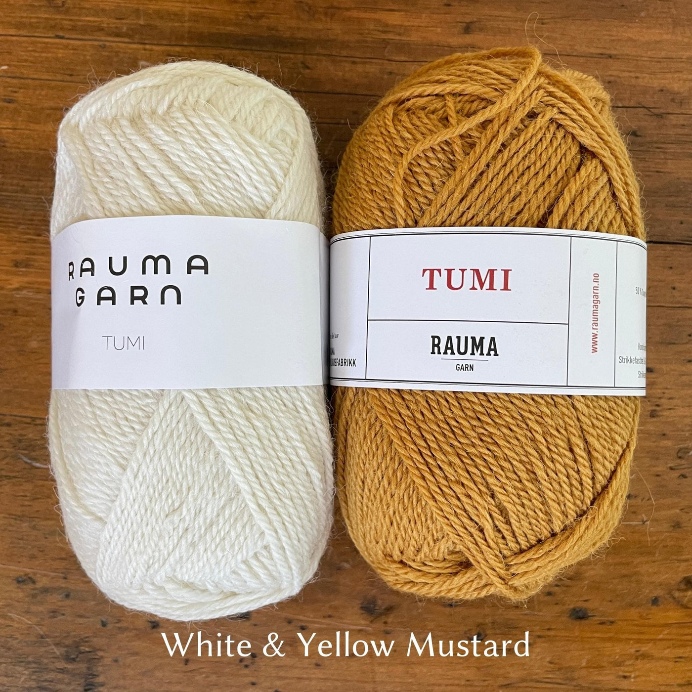 Rauma Tumi yarn; one cream ball and one mustard yellow ball.