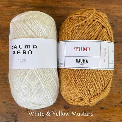 Rauma Tumi yarn; one cream ball and one mustard yellow ball.