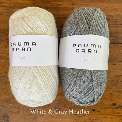 Rauma Tumi yarn; one cream ball and one grey ball of yarn.