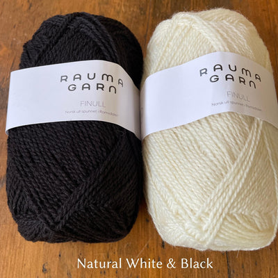 Two balls of Finullgarn yarn; one black, one natural white color