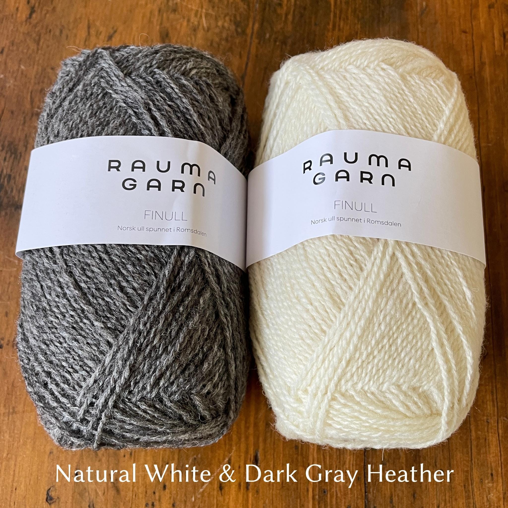 Two balls of Finullgarn yarn; one dark gray heather, one natural white color