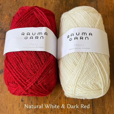 Two balls of Finullgarn yarn; one dark red, one natural white color