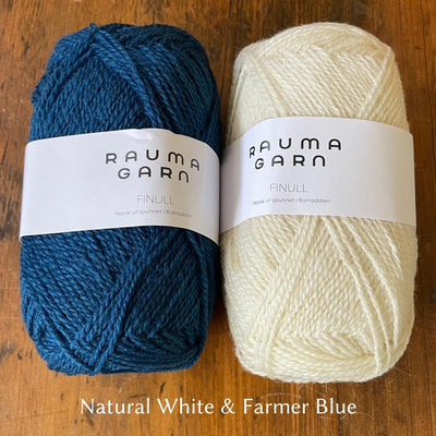 Two balls of Finullgarn yarn; one turquoise blue, one natural white color