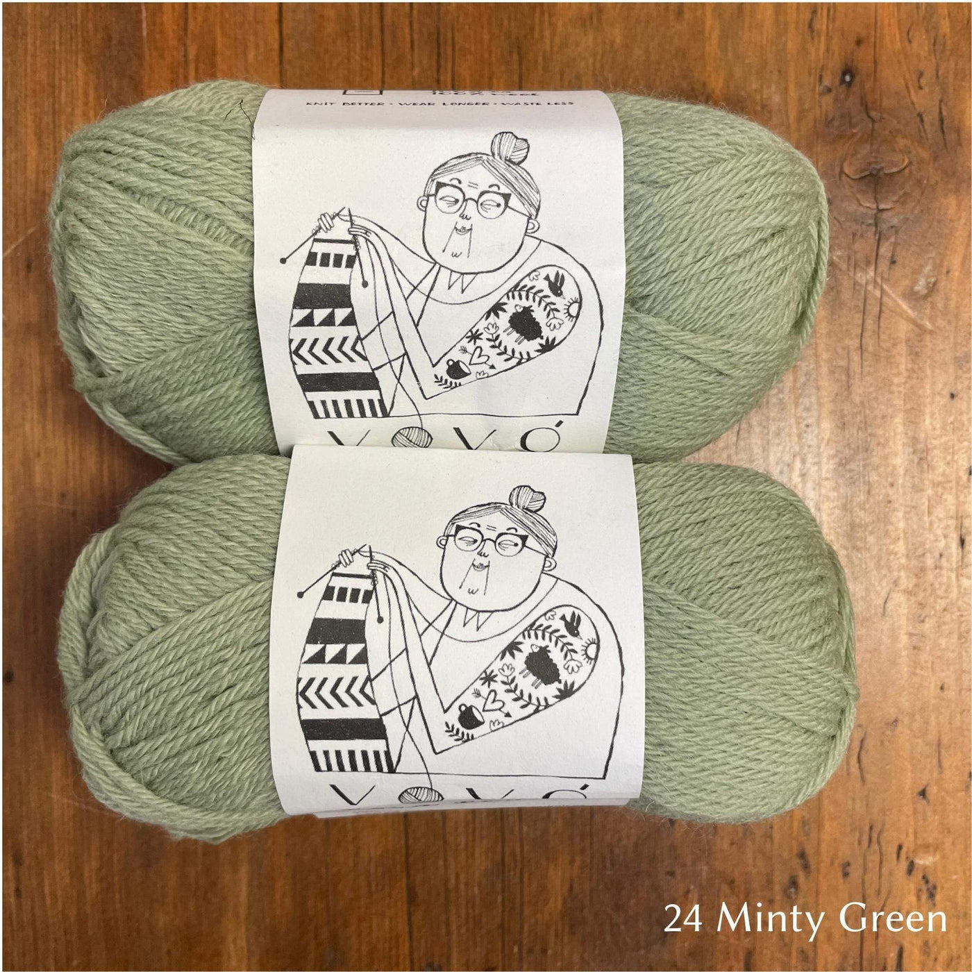 Retrosaria Vovo variant color 24 Minty Green, a light mint green, showing label with grandmother knitting