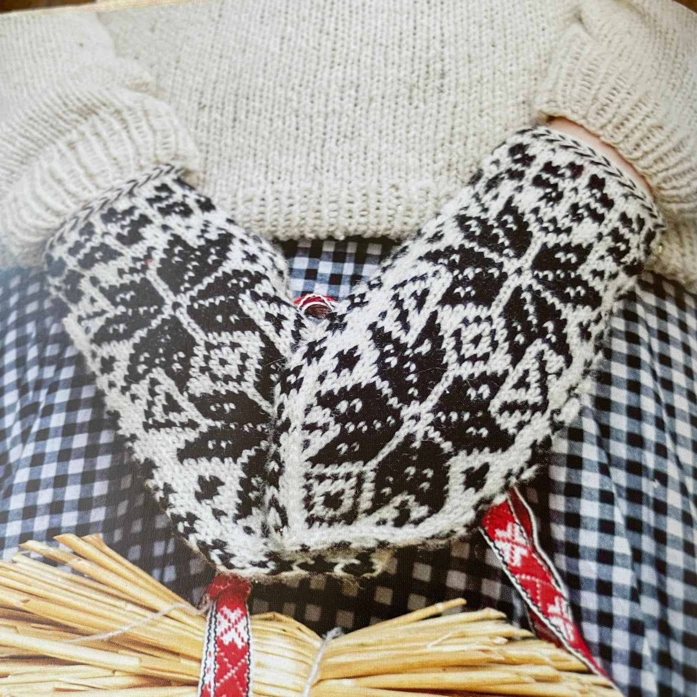 up close of Selbu Mittens knit in black and white, from Nordic Knitting Primer