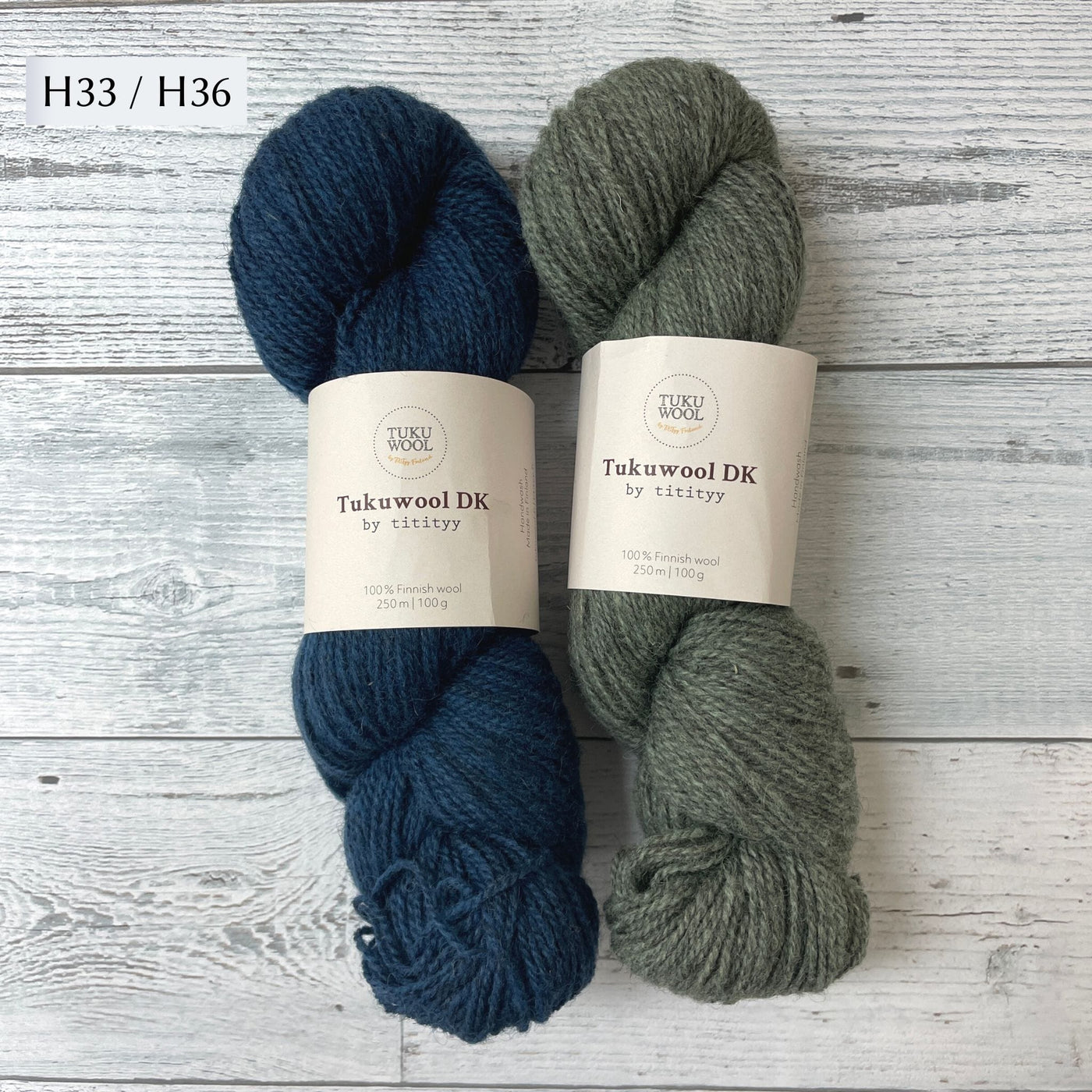 Two Skeins of Tukuwool DK shown as a colorway option for the Muisto Hat & Mittens Set. H33 (heathered blue) and H36 (heathered green grey)