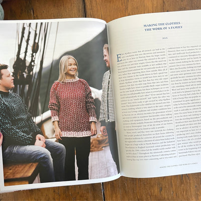 Fishermen's Knits from the Coast of Norway page shows article "Making the Clothes...The Work of the Family with a photo of three people in handknit sweaters on a boat.