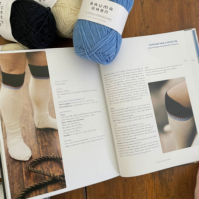 Inside pages of Fishermen's Knits from the Coast of Norway. Pages show a photo and article about handknit stockings.