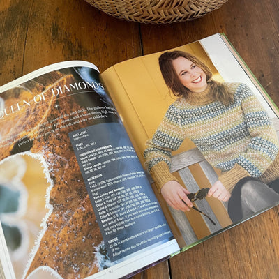 Inside pages of book Norwegian Sweaters & Jackets by Kari Hestnes shows woman wearing allover color work sweater.