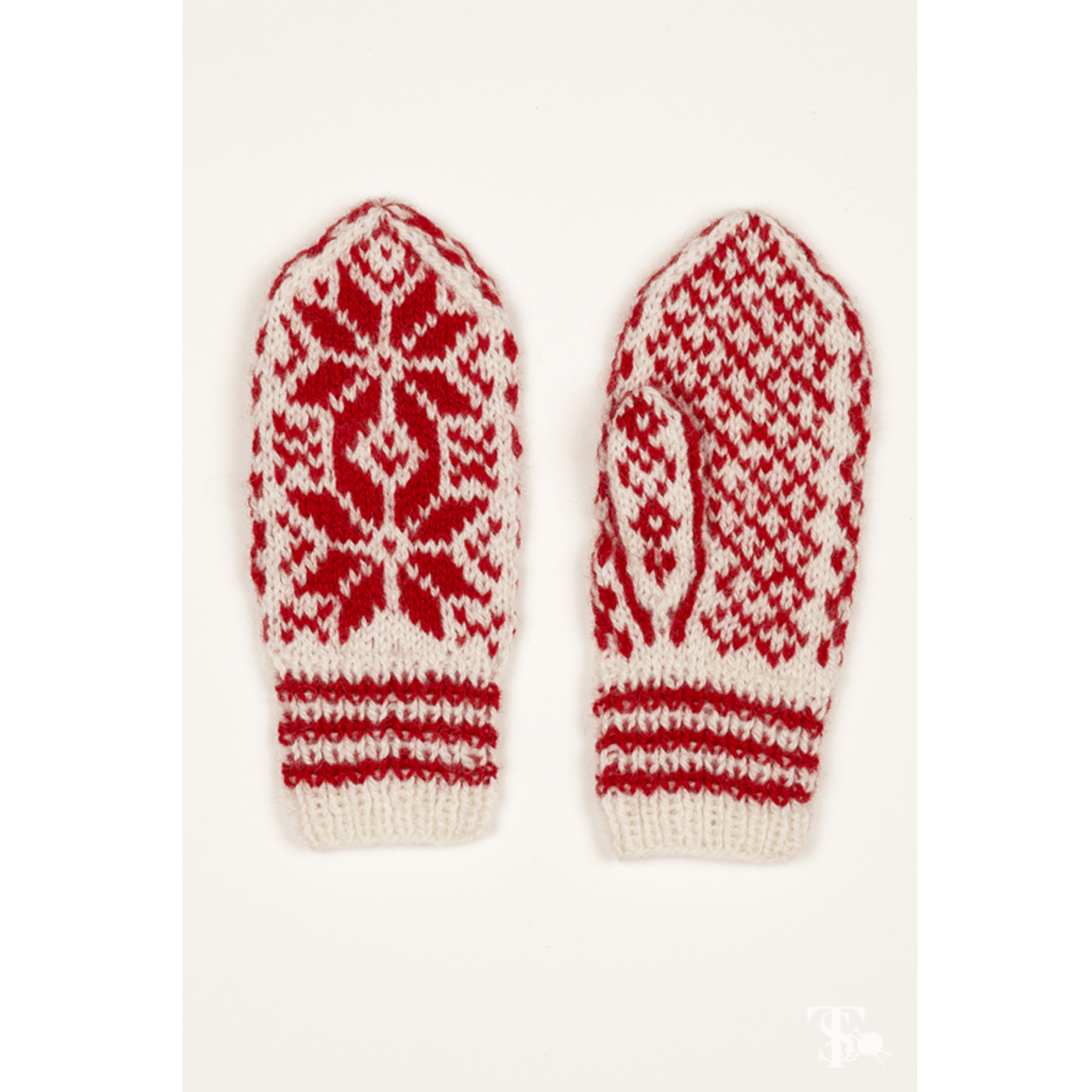 Pair of Red and White Selbu Mittens from the Selbu Mittens book by Anne Bårdsgård.