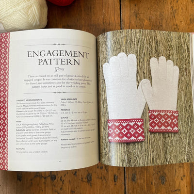 Page of Traditional Nordic Knits book with red and white colorwork mittens and hat with yarn beside book.